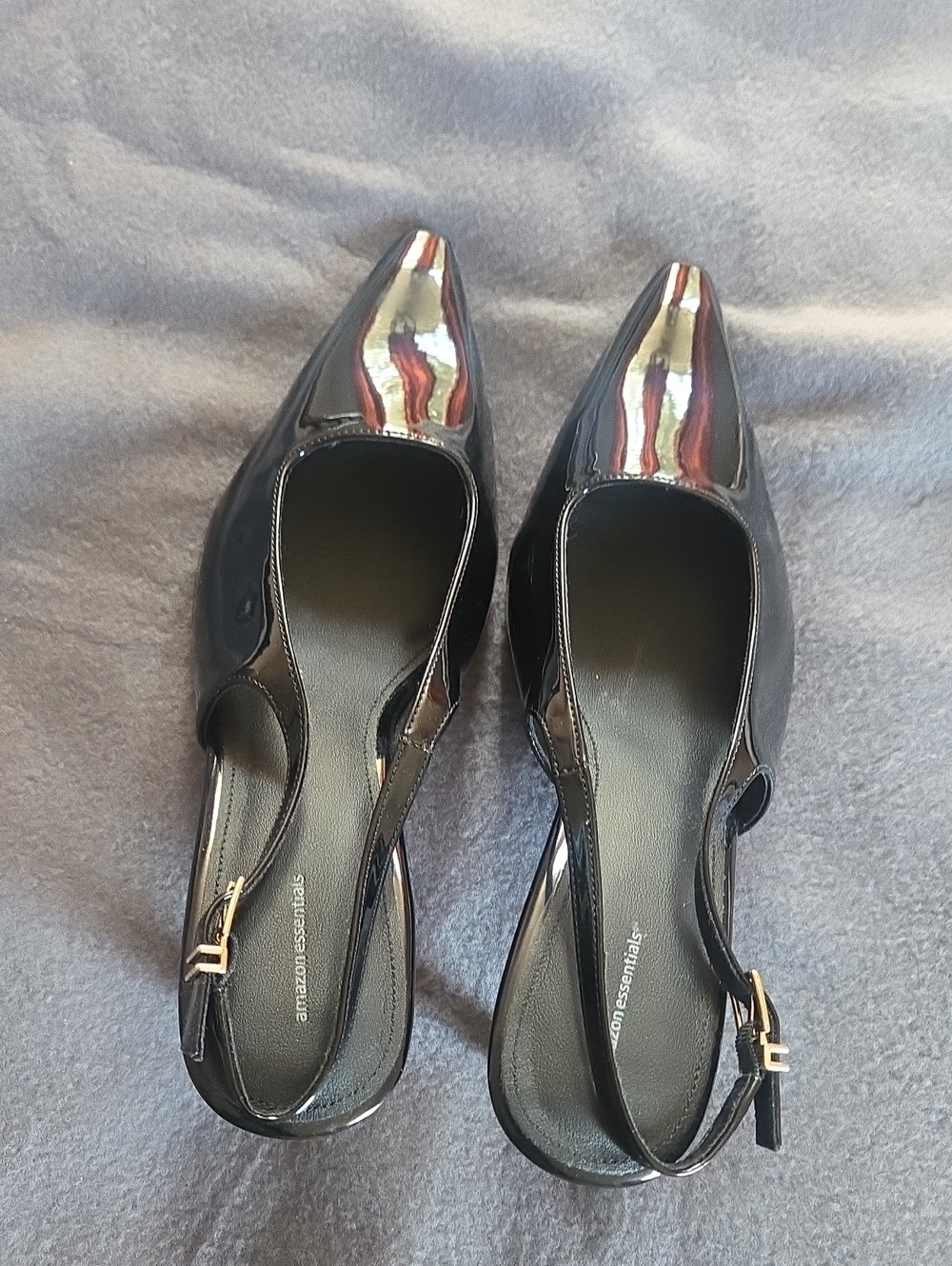 Amazon Essentials Black Patent Pointed Toe Slingback Flats with Gold Buckles